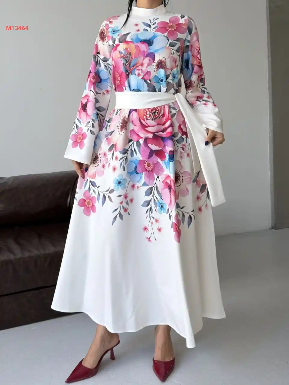 فستان طويل مورد مع زنار