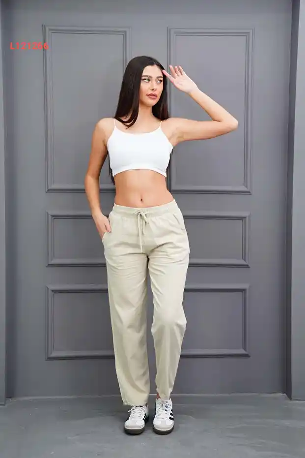 بنطلون يومي نسائي بخصر مرتفع ومرن من 100% قطن بيج من دي لوريا