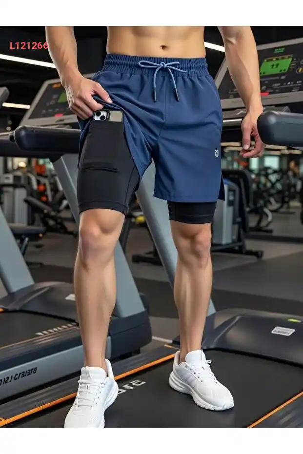 شورت رياضي مزدوج مع جيوب للهاتف من ديمينتي - مثالي للجيم واللياقة البدنية