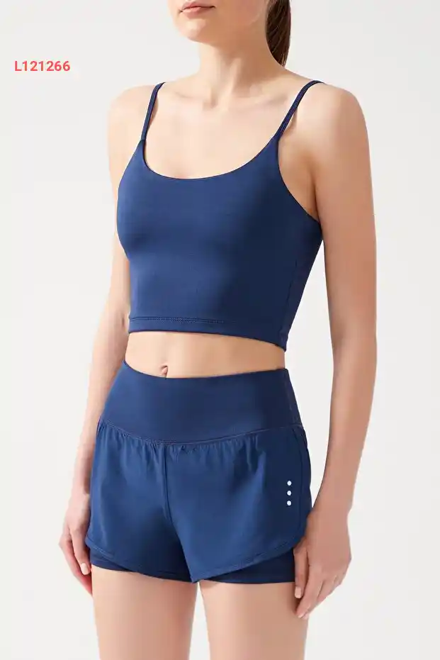 شورت رياضي نسائي بلون كحلي بتصميم طبقتين - شورت وتايك 2 في 1