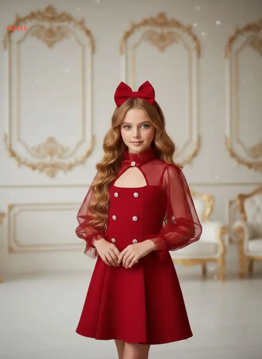 فستان بناتي بأكمام شفافة