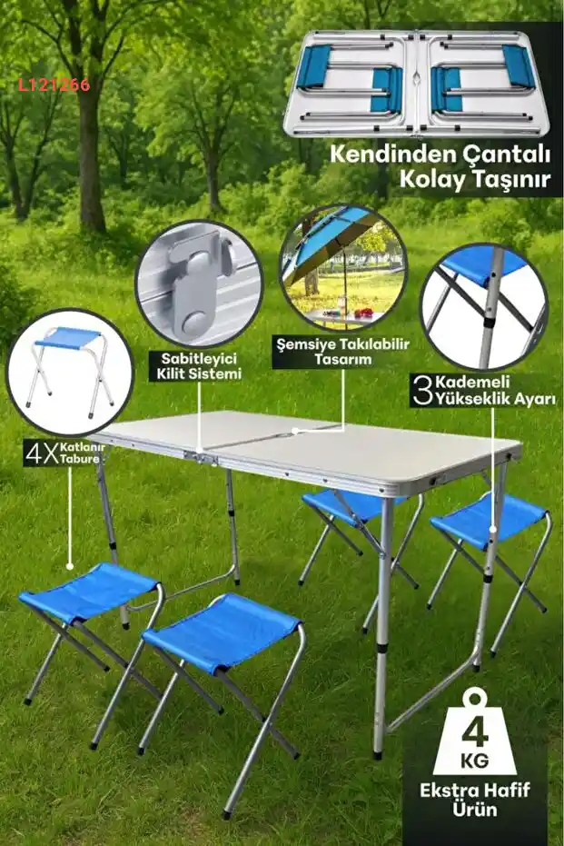 طقم طاولة تنزه قابلة للطي مع 4 كراسي محمولة