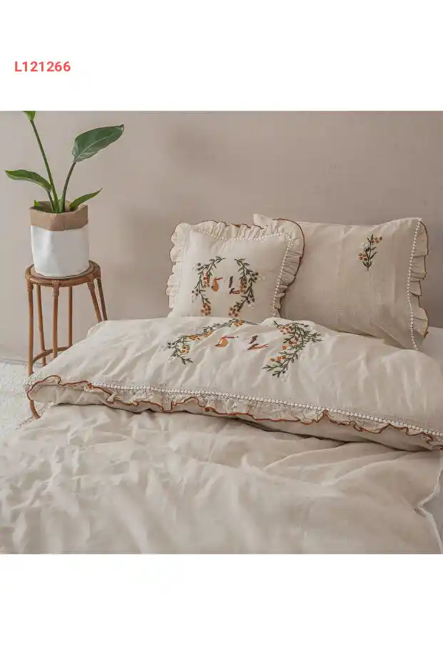 طقم مفارش سرير بيبي بولينا من إيكوكوتون - كتان 100% بتطريز يدوي، بيج 100x150 سم