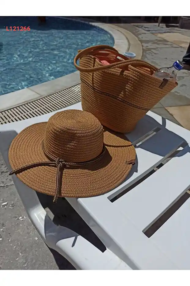 KAAN HOME Kaan Home Bej Plaj Havuz Çanta Ve Şapka Seti Çok Amaçlı Yıkanabilir Dekoratif Çanta Ve Şapka