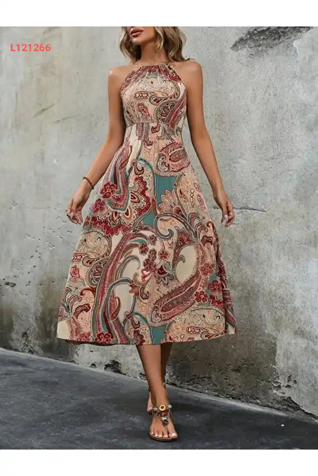 Viyamo Yeni Sezon Kadın Etnik Desen Rahat Yazlık Uzun Elbise