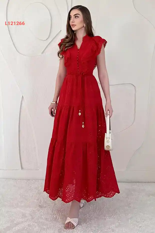 Elbee Fashion Woman Kırmızı Fırfırlı Düğmeli Elbise