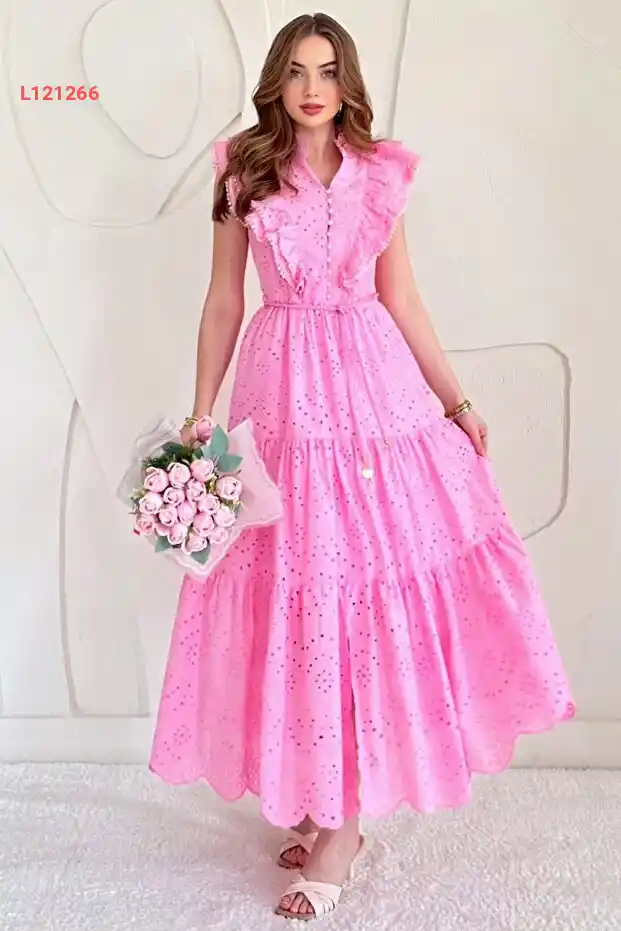Elbee Fashion Woman Pembe Fırfırlı Düğmeli Elbise