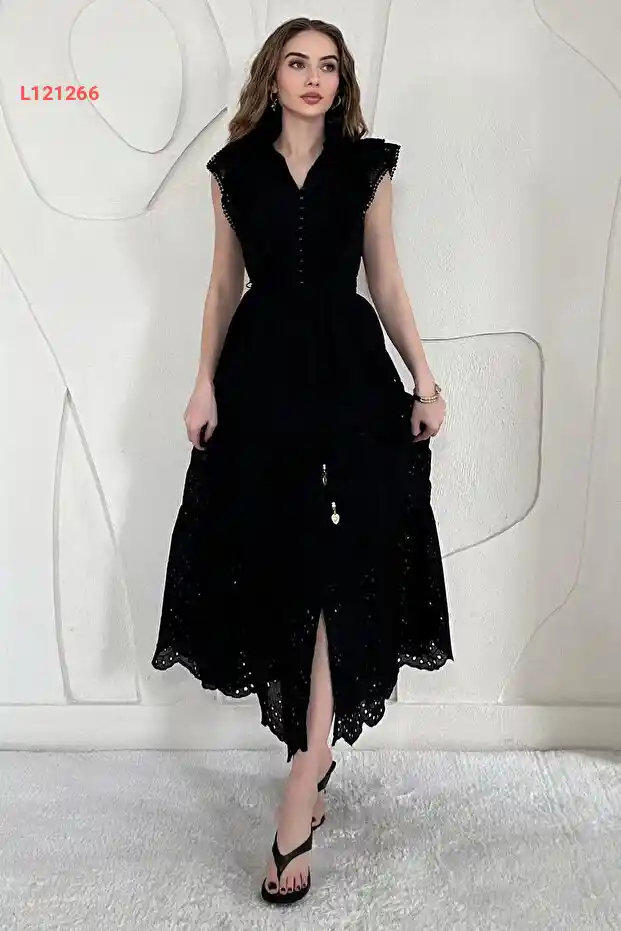 Elbee Fashion Woman Siyah Fırfırlı Düğmeli Elbise