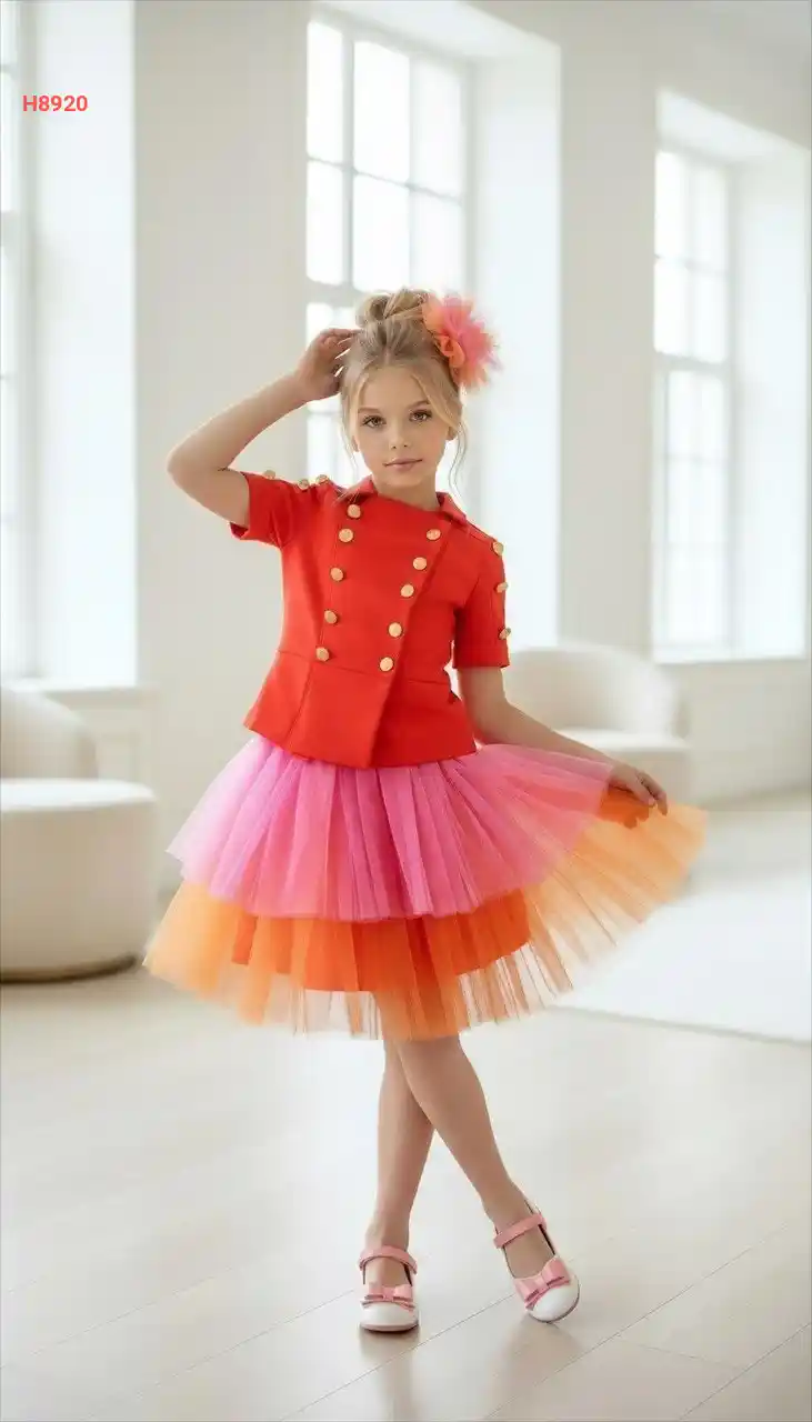 طقم تنورة بناتي تول كشكش مع جاكيت