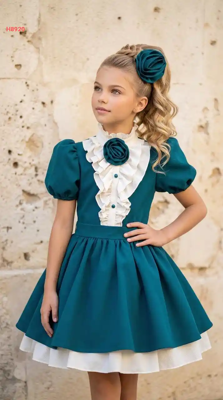 فستان بناتي لونين مزين بوردة