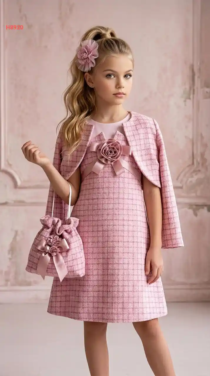 فستان بناتي ببروش ورد مع جاكيت وحقيبة