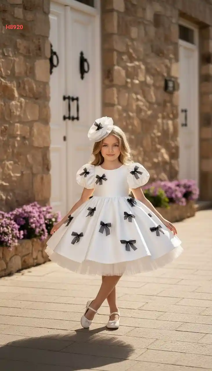 فستان بناتي منفوش مزين فيونكات