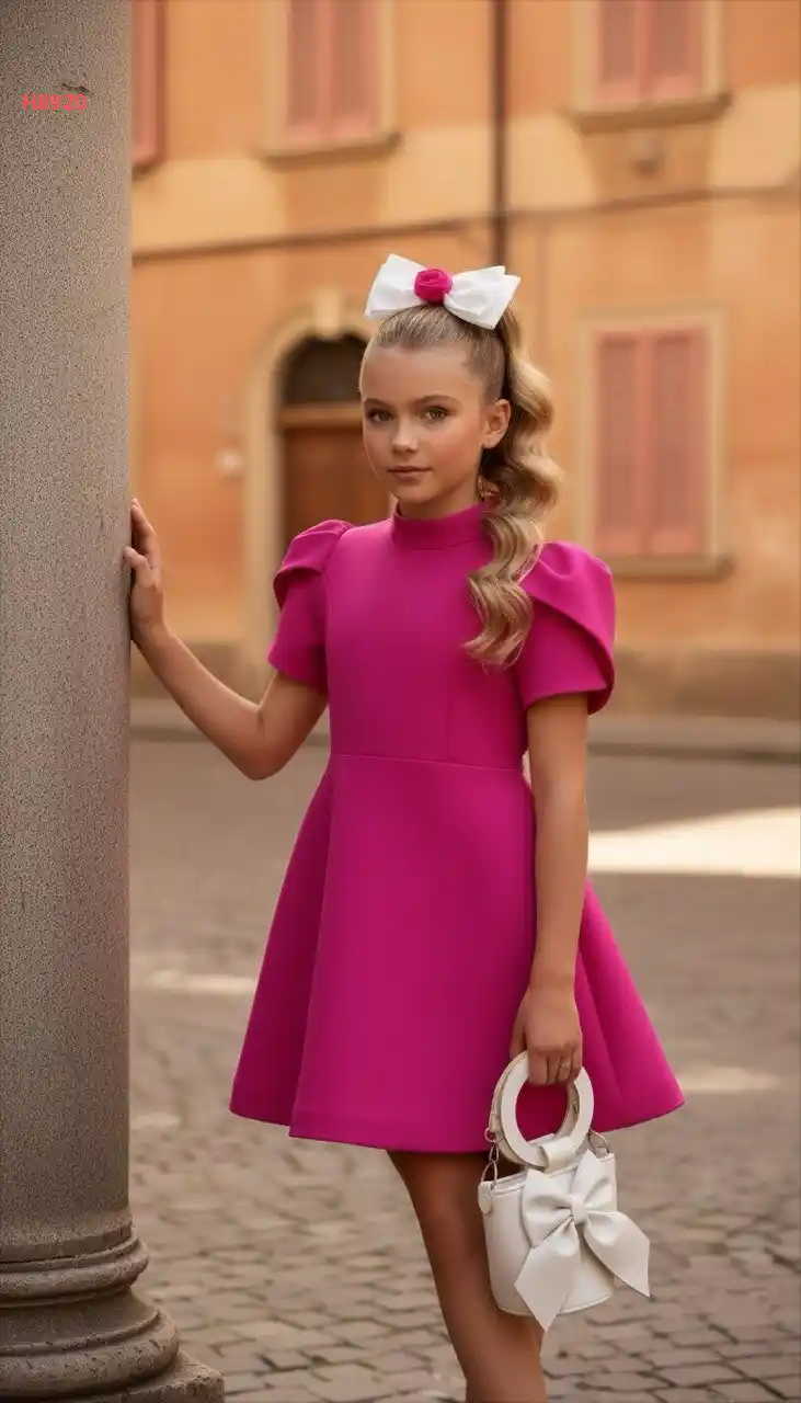 فستان بناتي بأزرار خلفية وفيونكة