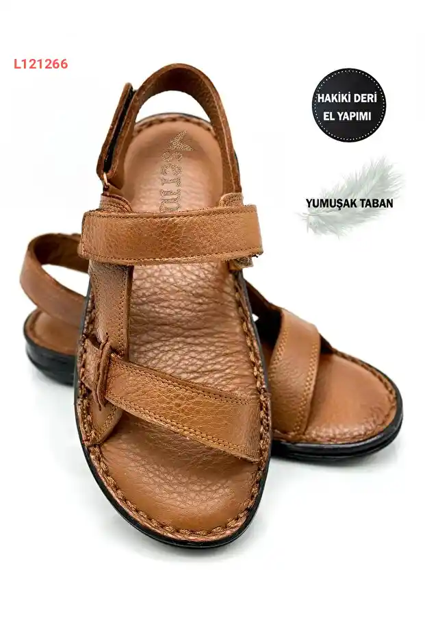 صندل رجالي مصنوع من الجلد الحقيقي مع إغلاق فيلكرو - لون بني شيريڭل