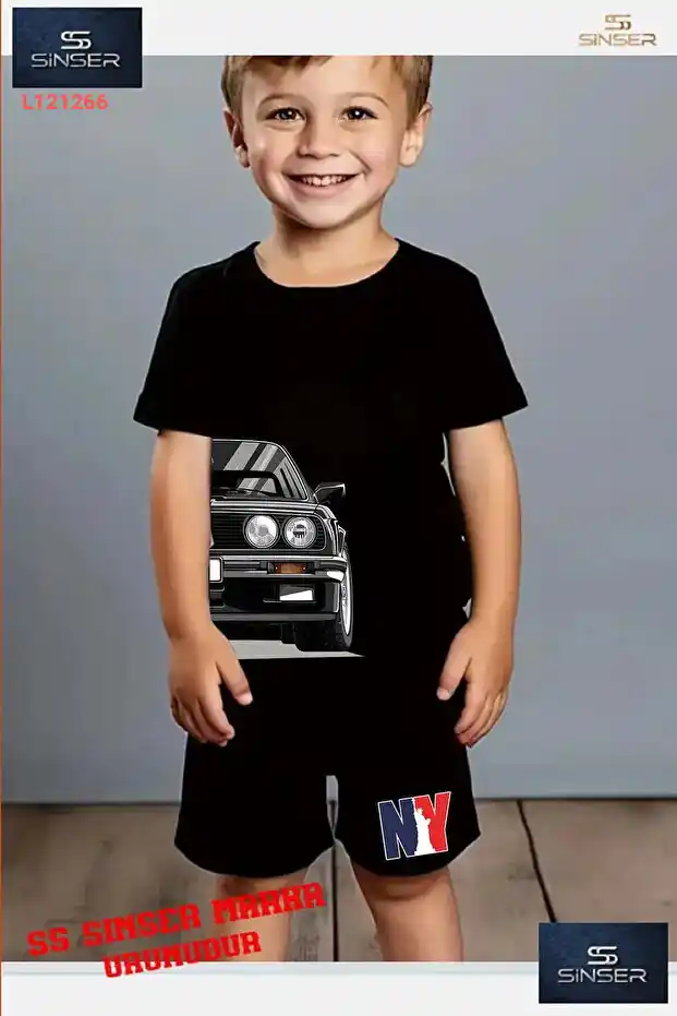تيشرت وشورت أطفال "سيارة سوداء نص كم" بتصميم خاص