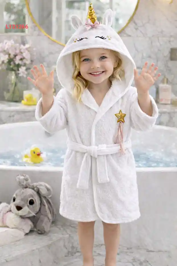 بونشو أطفال بتصميم وحيد القرن - بورنو مريح مع غطاء رأس باللون الأبيض