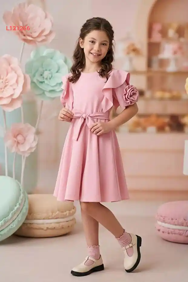 فستان جولي كيدز بنقوش الورود للبنات بكم قصير ELB2012