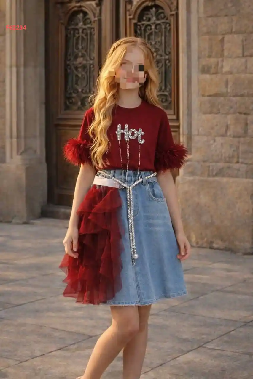 طقم تنورة بناتي جينز وتول مع تيشرت