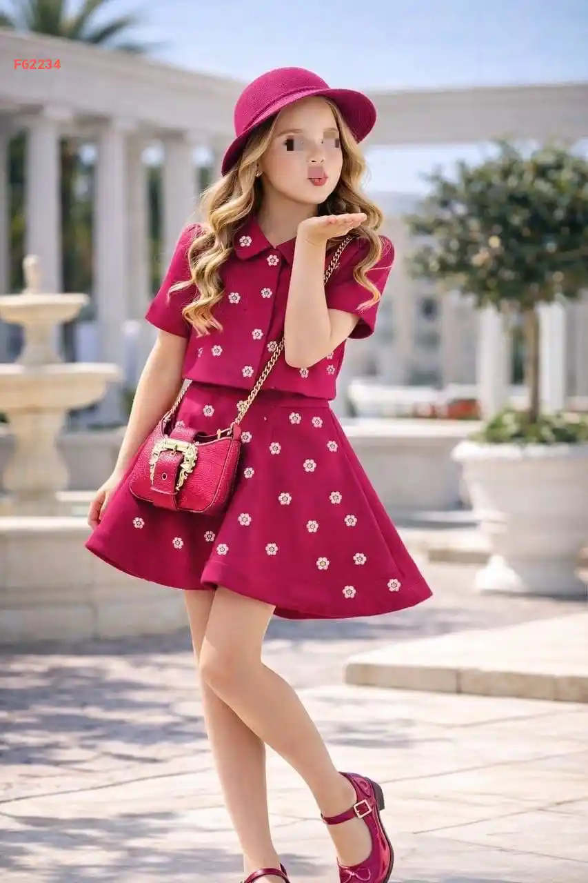 طقم تنورة بناتي مطرز مع قبعة