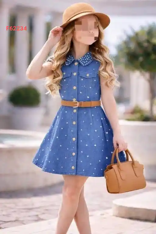 فستان جينز بناتي مطرز بأزرار