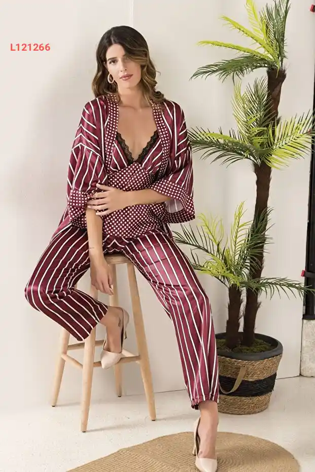 طقم بيجاما ثلاثي من ساتان للنساء "مون جيرل"