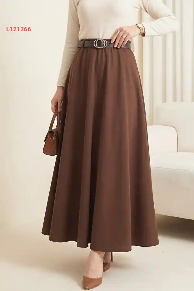 إقبالتي - تنورة واسعة بمطاط وحزام - بني