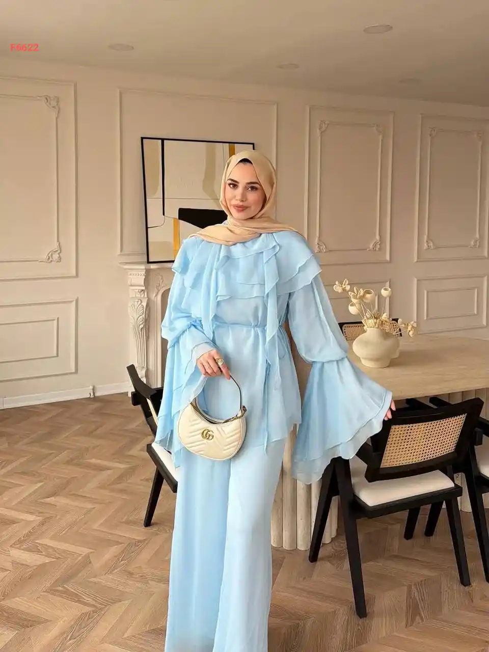 طقم بنطال شيفون مبطن وتونيك كشكش