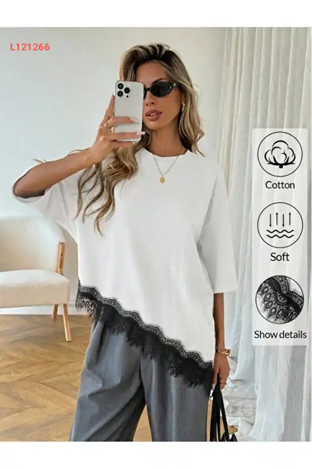 تيشيرت نسائي بقصة غير متساوية مع حواف دانتيل لتنسيقات يومية