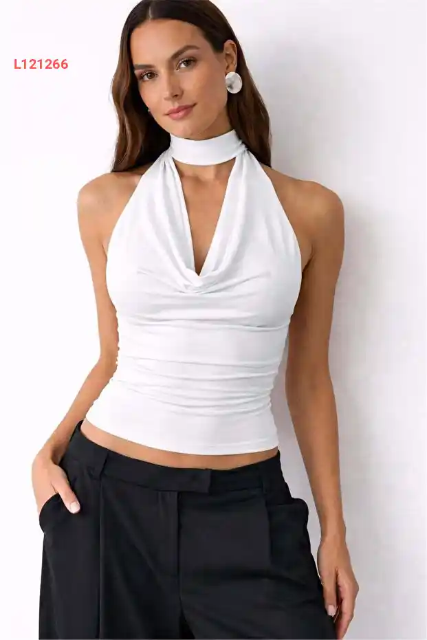 بلوزة كادين متعددة الاستخدامات قابلة للارتداء بطريقتين - بيضاء مرنة مزدوجة الطبقات