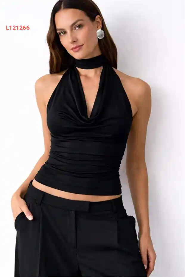 بلوزة سيدة مرنة مزدوجة الاستخدام باللون الأسود