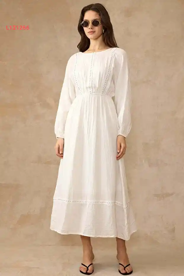 فستان موسلين بأشرطة جانبية ومطاط في الخصر - لون إيكرو 9453-E