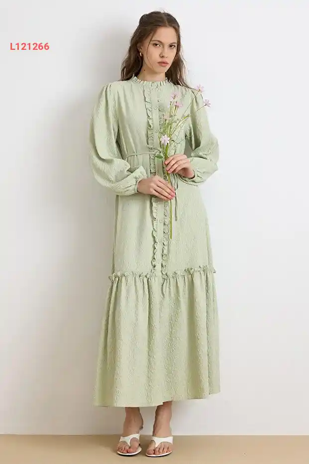 فستان جاكار بأكمام مزمومة من أولجاي - لون شجر الجوز 9431-E