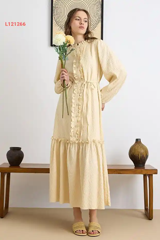 فستان جاكار مزين بالتفاصيل - أصفر 9431-E