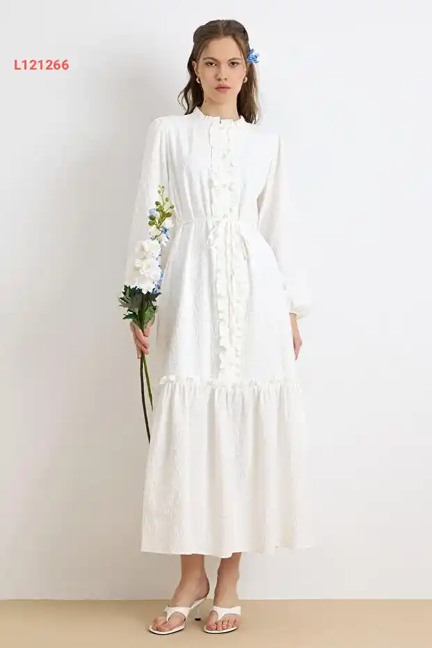 فستان جاكار أبيض مزين بالتفاصيل الفاخرة - رقم 9431-E