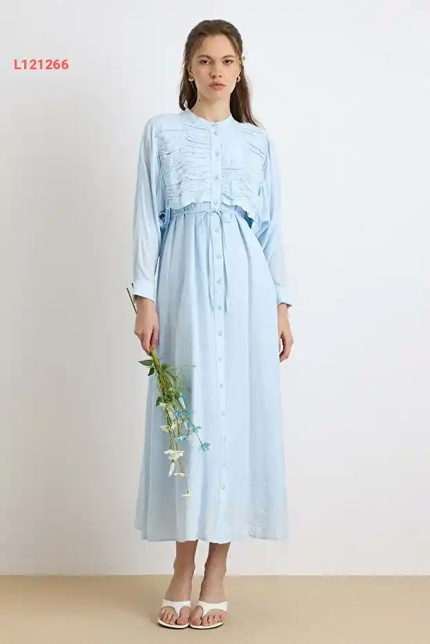 فستان أزرق فاتح بتفاصيل التفاصيل والكاب 9433-E