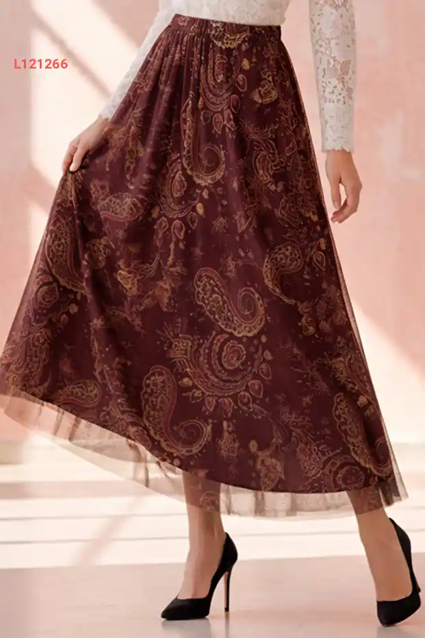 تنورة شيفون مزخرفة بنيغوين A222 بلون بورغندي