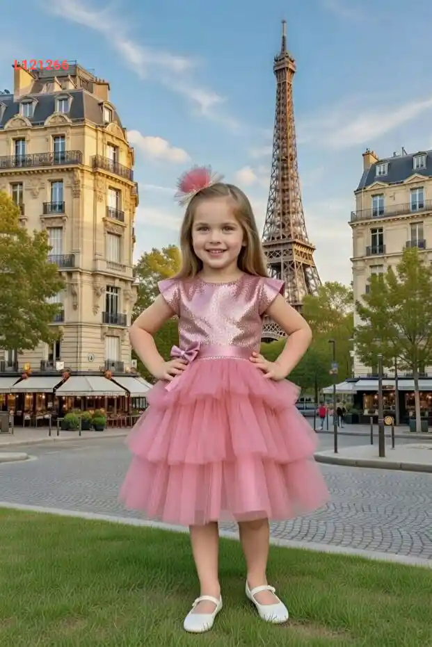 فستان سهرة طبقات تولو للأطفال من ريكوتارز - لون وردي غامق مع تطريز جذاب