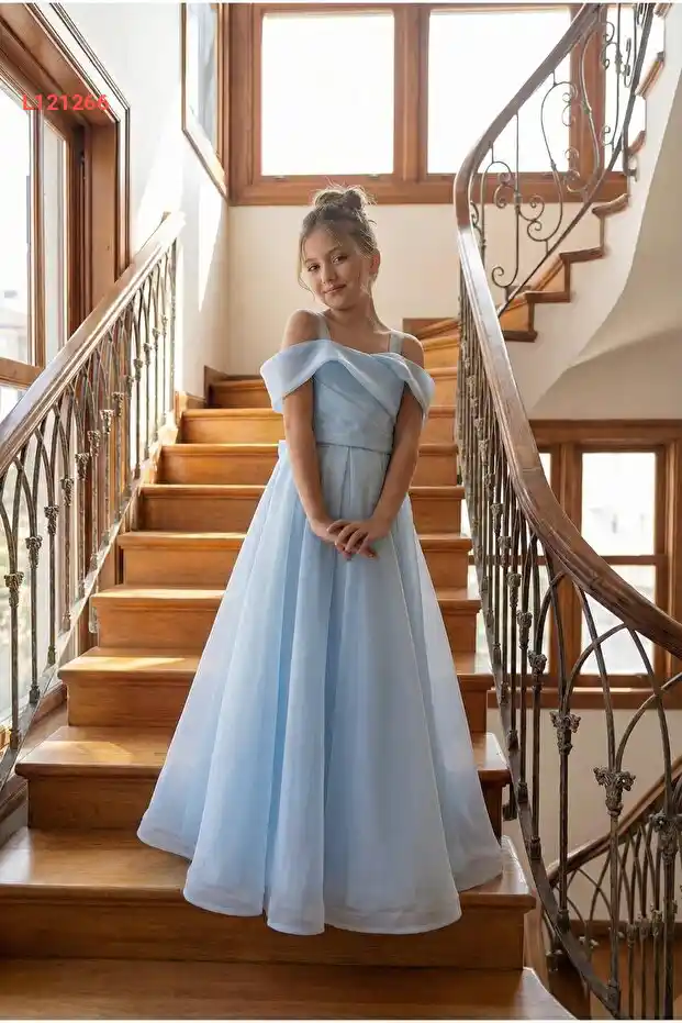 فستان أميرة خارق الأناقة للبنات من بوتيك هابي كيدز بكتف منخفض وتصميم شيفون فاخر للأعمار من 8 إلى 15 سنة