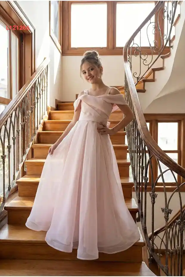 فستان أميرة أنيق ومميز للأطفال بنات مع حمالات وأكتاف منخفضة من شيفون 8-15 سنة