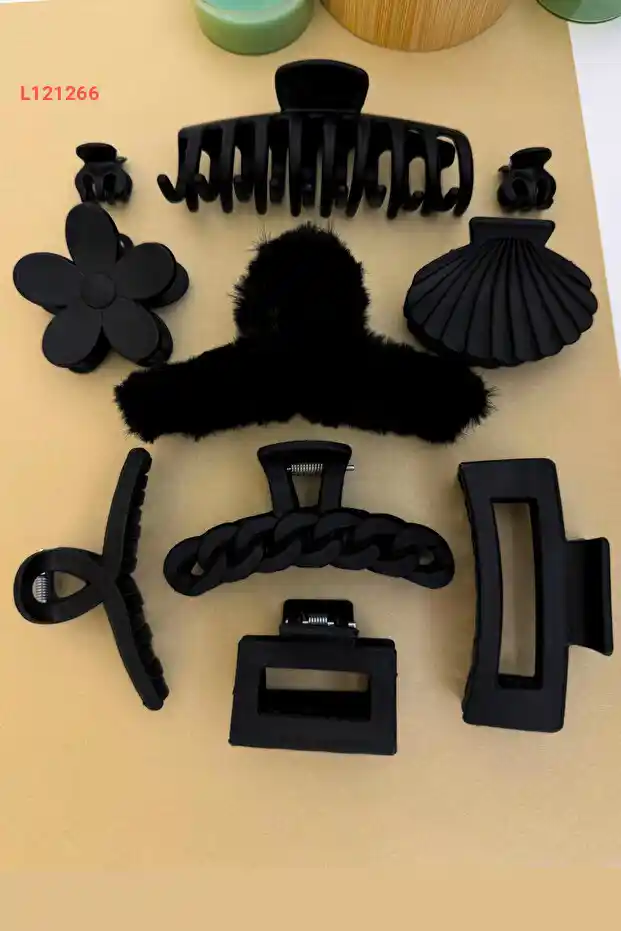 مجموعة براجيو للعناية بالشعر - 10 مشبك شعر توك متنوعة باللون الأسود من الفرو الناعم