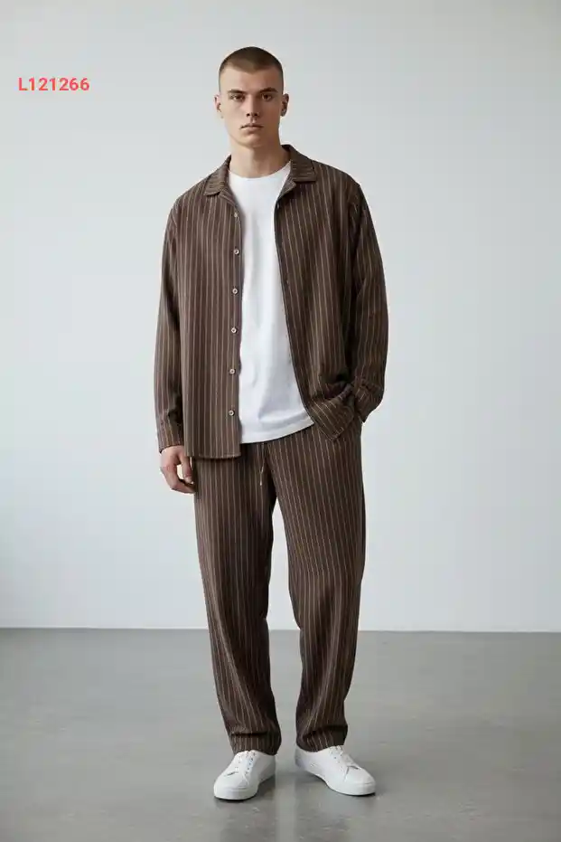 قمصان ألتاميرا الرجالية بني مخطط بتصميم فضفاض - مجموعة كاملة