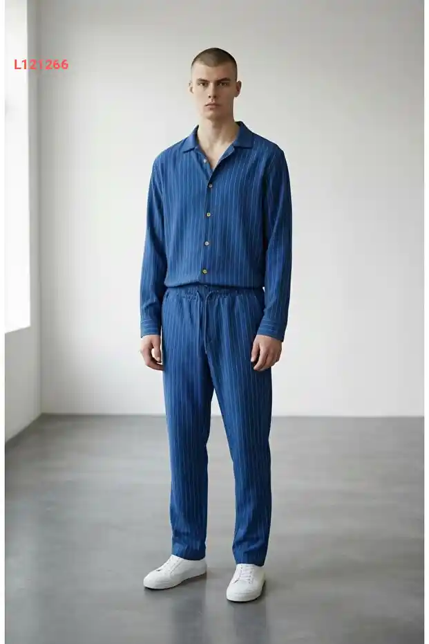 قميص ألتاميرا الأزرق المخطط بتصميم فضفاض للرجال - طقم متكامل