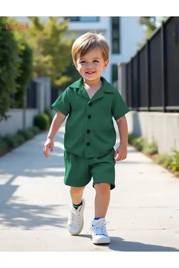 مجموعة شورت قطنية وافرة بتفاصيل طوق V من بوبتو - لون حاكي