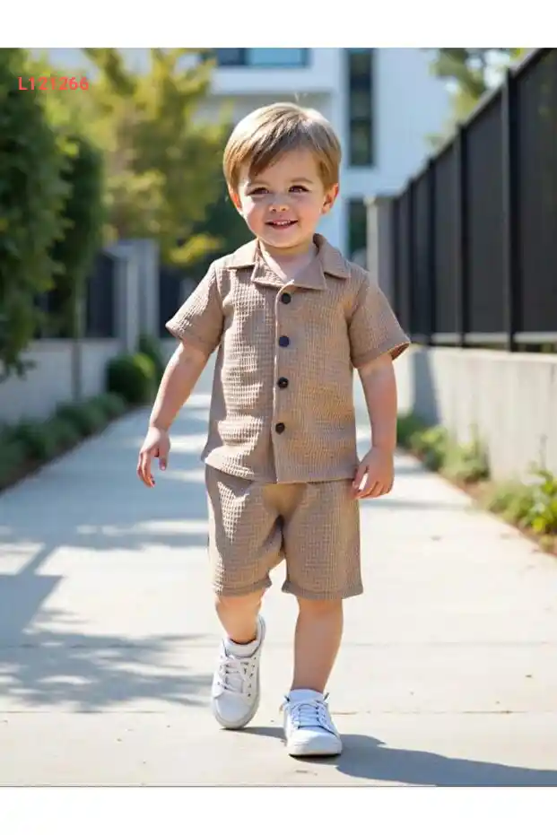 طقم شورت بامبو باوكل وبلوزة بتفاصيل مميزة - بيج