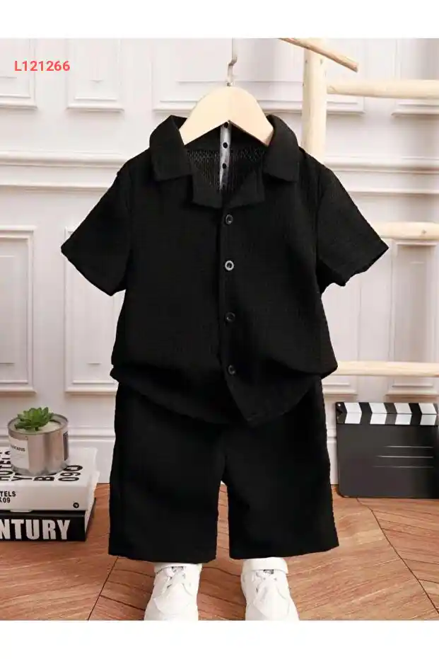 طقم شورت وبلوزة بأكمام قصيرة قطنية مموجة من بوبيتو - أسود
