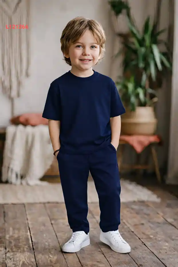 طقم صيفي مريح للأطفال بنصف أكمام وسروال ضيق بحزام قابل للتعديل