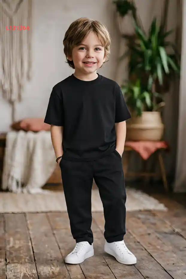 طقم أطفال صيفي مريح بأكمام قصيرة وسروال ضيق مع حزام