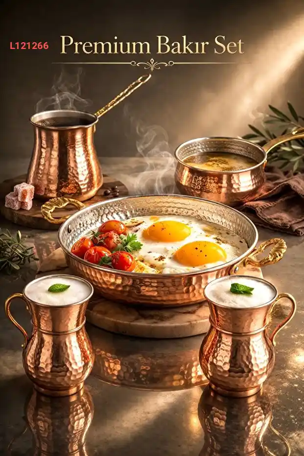 طقم زاكودو النحاسي للفطور - 5 قطع مطروقة يدويًا (صينية - مقلاة - إبريق - أكواب لبن)