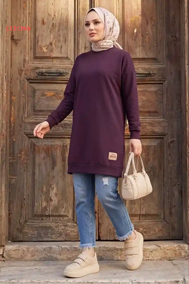 تونك مرمري بأكمام مزينة بفتحات جانبية - لون ماردين