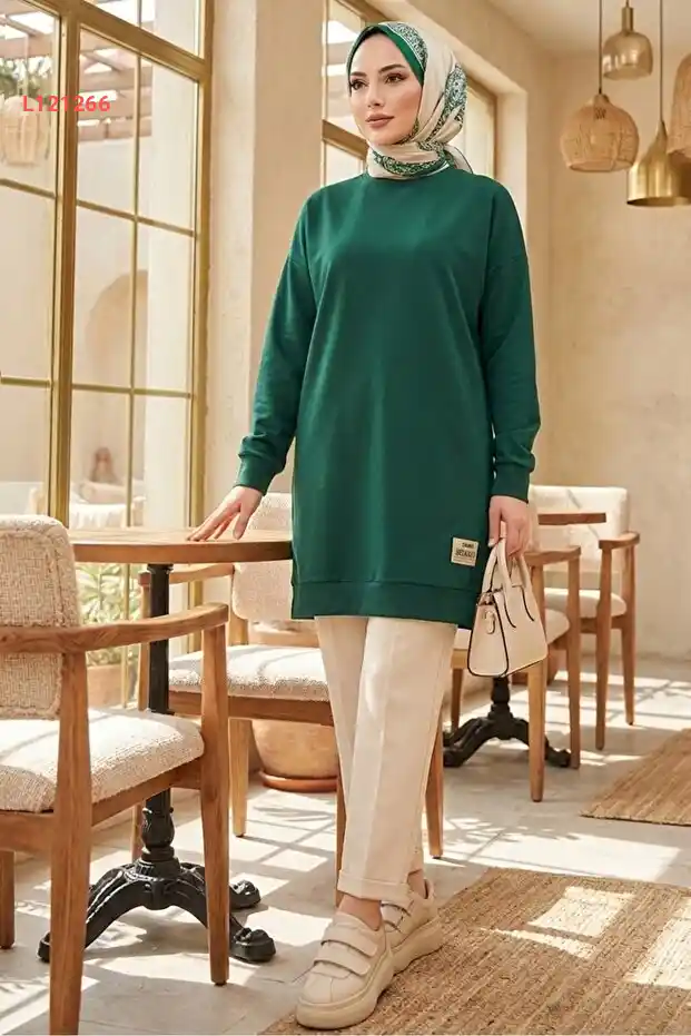 تونيك بكتف ممزق بأزرار - أخضر زمردي